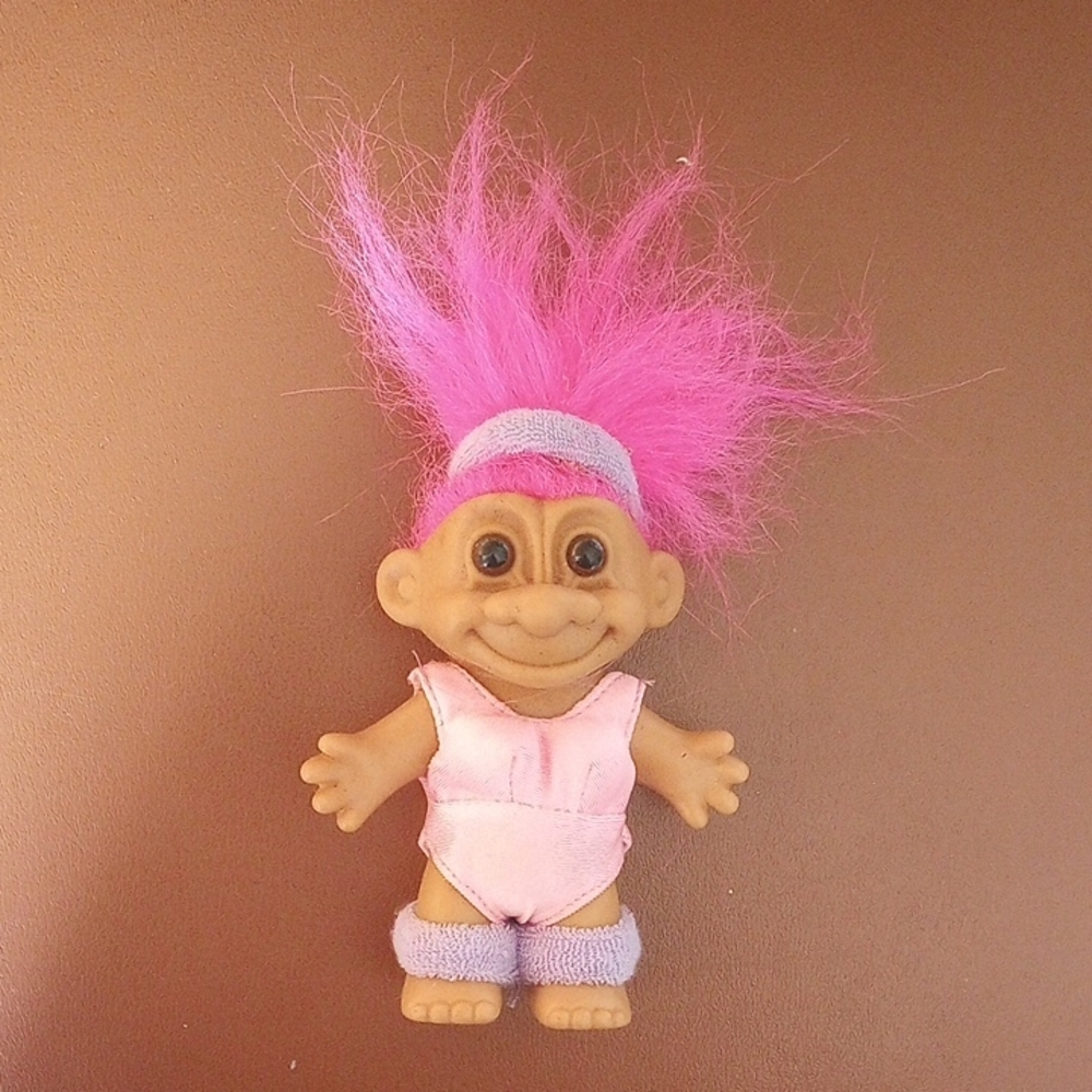 Vintage Russ Aerobics Troll Doll. Pink Hair. Brown Eyes. Dressed in Leotard